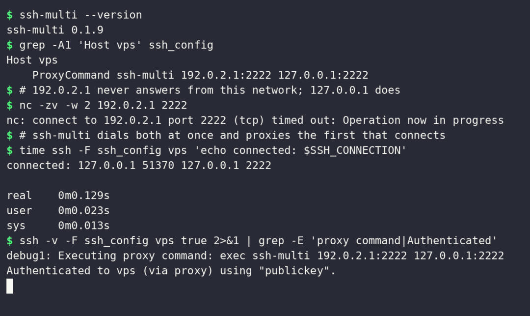 Terminal session: an ssh config with ProxyCommand ssh-multi listing an unreachable address and 127.0.0.1, nc timing out on the first, then ssh connecting through ssh-multi in 0.13 seconds via the second.