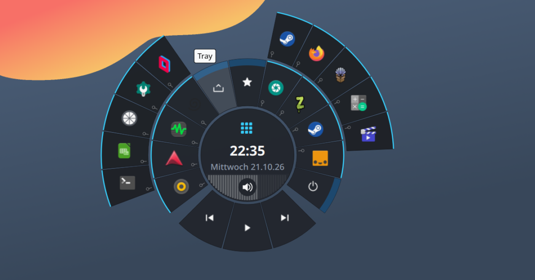 Karyon radial overlay menu open at the cursor on KDE Plasma 6 desktop