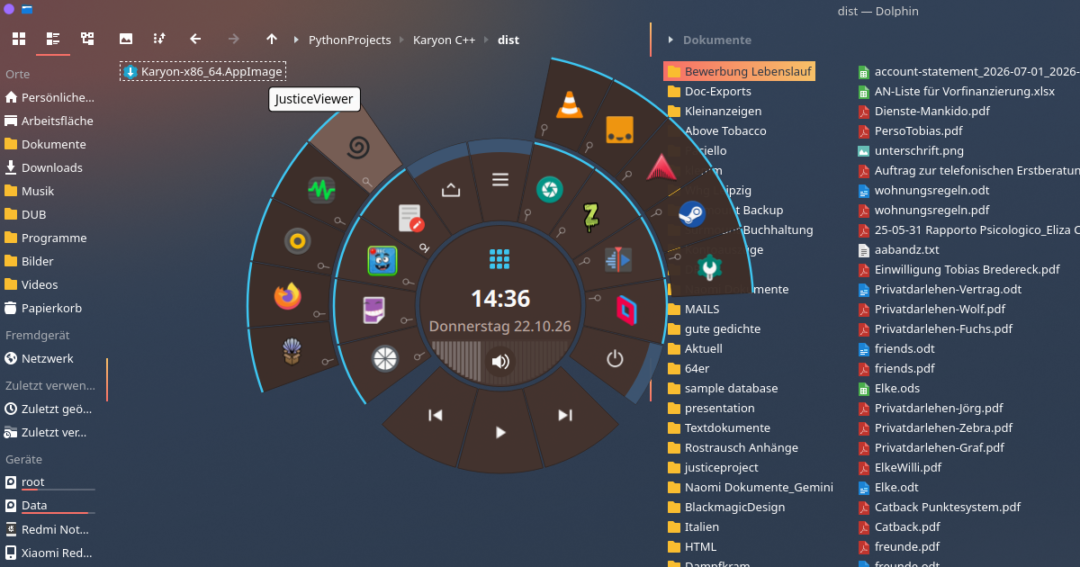 Karyon 3.2 radial overlay launcher with Dolphin file manager on KDE Plasma desktop