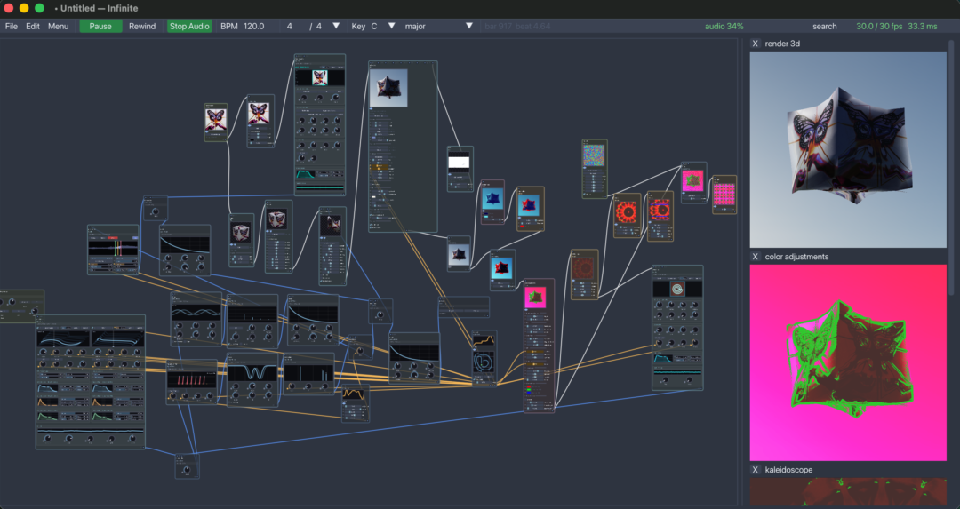 The Infinite main canvas: a node graph of audio, image and 3D nodes patched together with live previews