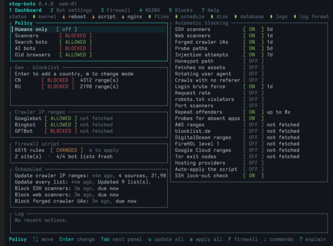 The TUI, showing possible bot blocking options