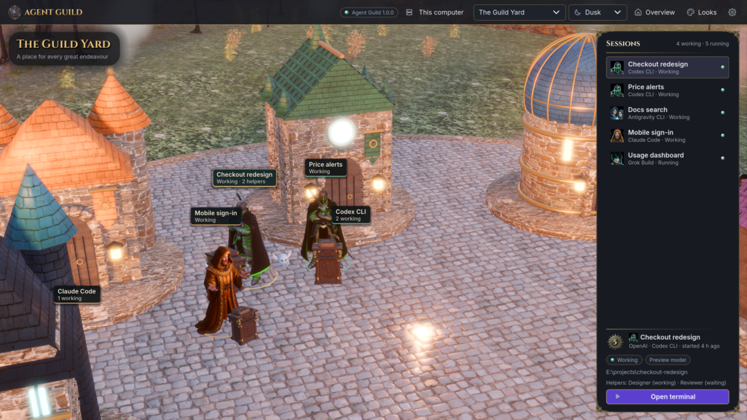 Agent Guild: World, The Guild Yard at dusk: Claude Code and Codex CLI crews at work at their halls, with a session selected in the roster and its Open terminal button