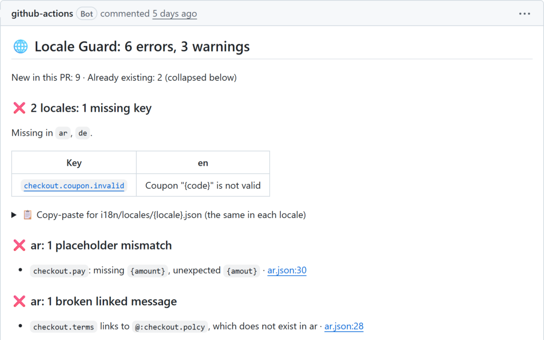 The Locale Guard comment on a pull request: a key missing in Arabic and German, a broken placeholder and a broken linked message in Arabic.