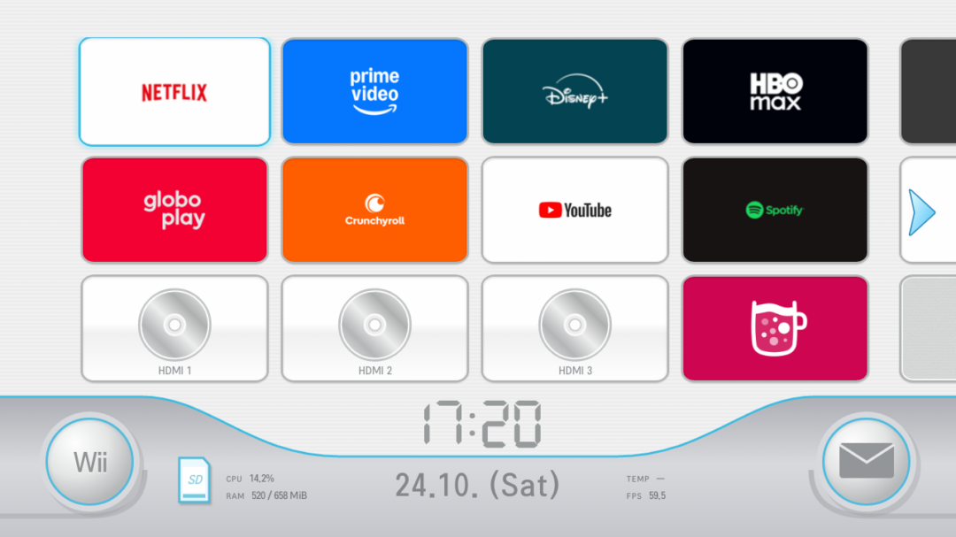 WiiOS home screen featuring a Nintendo Wii-inspired channel grid for launching applications on an LG webOS TV.