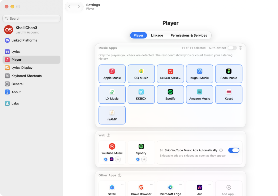 Lyrimuse Settings on macOS 26 with Liquid Glass: the Player page with eleven supported music apps, web players in the browser and other apps you can add.