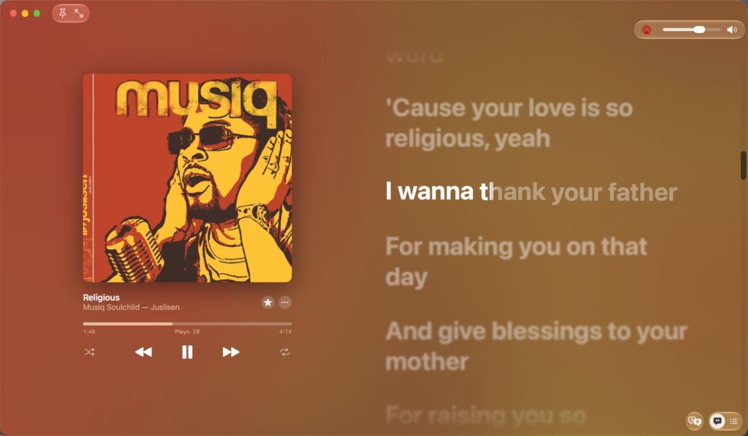 The Lyrimuse lyrics window on macOS: album art and playback controls on the left, synced lyrics on the right with the current line lighting up word by word.