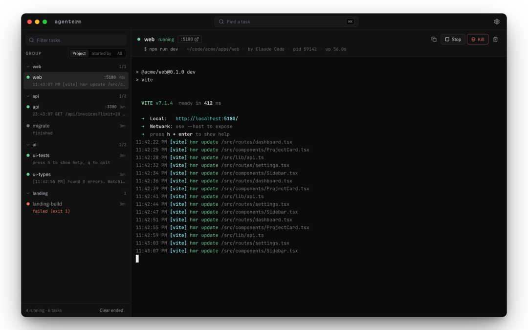 agenterm macOS app: tasks grouped by project in the sidebar (web, api, ui, landing) beside the live terminal of a running vite dev server on port 5180, with Stop and Kill buttons.